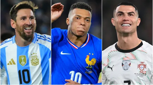 Lionel Messi (left), Kylian Mbappe (center), and Cristiano Ronaldo (right)