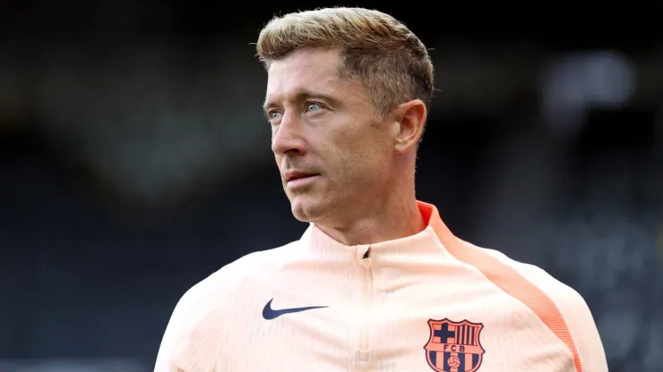 Robert Lewandowski of FC Barcelona looks on during a training session.