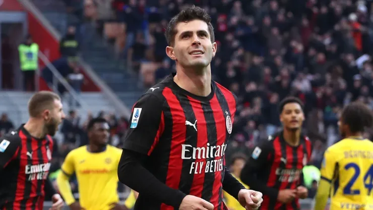 Christian Pulisic of AC Milan celebrates after scoring against Hellas Verona.