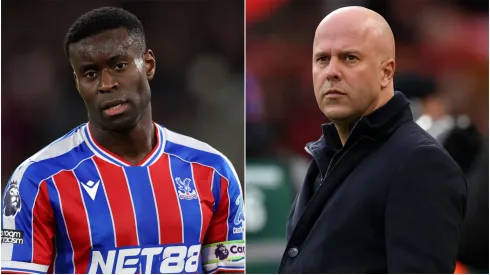 Marc Guehi of Crystal Palace and Arne Slot, Manager of Liverpool.