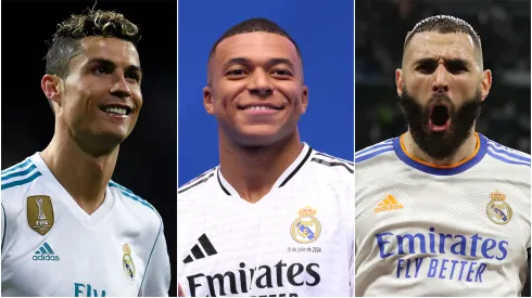 Cristiano Ronaldo (left), Kylian Mbappe (center), and Karim Benzema (right)