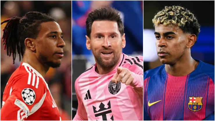 Michael Olise (L) of Bayern Munich, Lionel Messi (M) #10 of Inter Miami, and Lamine Yamal (R) of FC Barcelona.