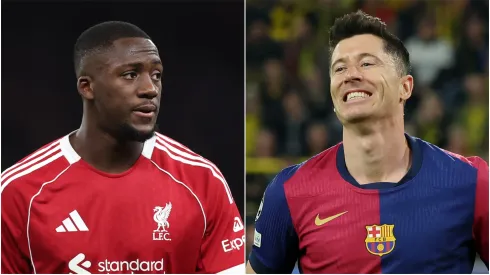 Ibrahima Konate (L) of Liverpool and Robert Lewandowski (R) of FC Barcelona.