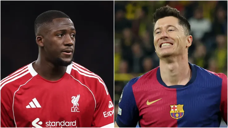 Ibrahima Konate (L) of Liverpool and Robert Lewandowski (R) of FC Barcelona.