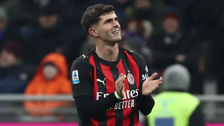 Christian Pulisic of AC Milan celebrates after scoring their team's first goal against FC Internazionale.