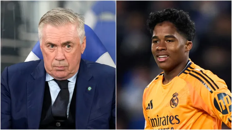 Head coach Carlo Ancelotti of Brazil and Endrick Felipe of Real Madrid.
