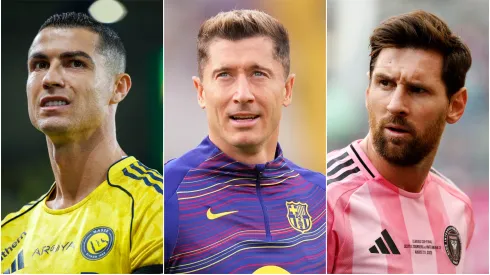 Cristiano Ronaldo (left), Robert Lewandowski (center), and Lionel Messi (right)