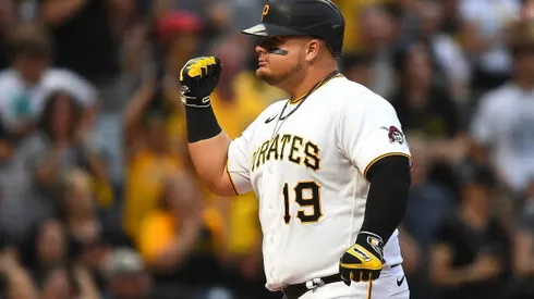 PITTSBURGH, PA - MAY 14: Daniel Vogelbach #19 of the Pittsburgh Pirates celebrates his solo home run during the fourth inning against the Cincinnati Reds at PNC Park on May 14, 2022 in Pittsburgh, Pennsylvania. (Photo by Joe Sargent/Getty Images)
