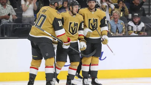 LAS VEGAS, NEVADA - APRIL 09: Evgenii Dadonov #63 of the Vegas Golden Knights celebrates after scoring a goal during the second period against the Arizona Coyotes at T-Mobile Arena on April 09, 2022 in Las Vegas, Nevada. (Photo by Zak Krill/NHLI via Getty Images)