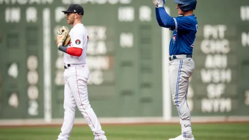 BOSTON, MA - APRIL 21: Matt Chapman #26 of the Toronto Blue Jays reacts after hitting a double during the second inning of a game against the Boston Red Sox on April 21, 2022 at Fenway Park in Boston, Massachusetts. (Photo by Maddie Malhotra/Boston Red Sox/Getty Images)