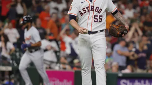 HOUSTON, TEXAS - MAY 05: Ryan Pressly #55 of the Houston Astros gives up a two run home run to Jeimer Candelario #46 of the Detroit Tigers in the ninth inning at Minute Maid Park on May 05, 2022 in Houston, Texas. (Photo by Bob Levey/Getty Images)