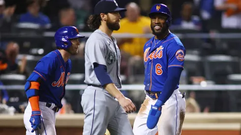 NEW YORK, NEW YORK - MAY 14: Starling Marte #6 of the New York Mets celebrates after scoring on a Pete Alonso #20 single in the fifth inning against the Seattle Mariners at Citi Field on May 14, 2022 in New York City. (Photo by Mike Stobe/Getty Images)