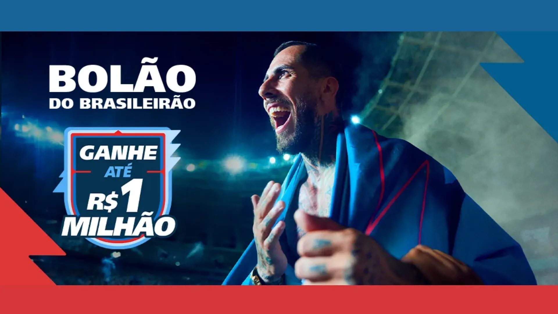 A imagem mostra o banner para o Bolão do Brasileirão, com um texto que diz: ganhe até R$1 milhão. O banner também apresenta um homem em um estádio assistindo a um jogo.