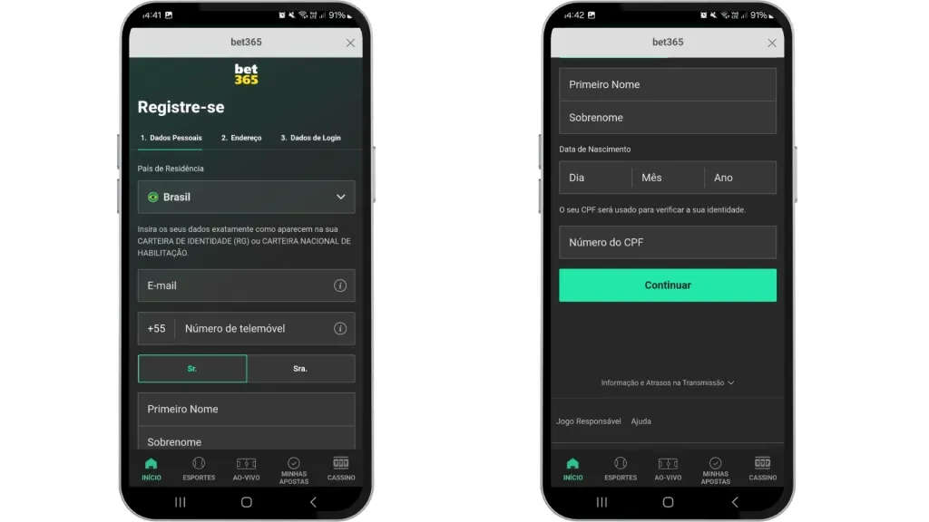 Duas capturas de tela do formulário de cadastro do app bet365.