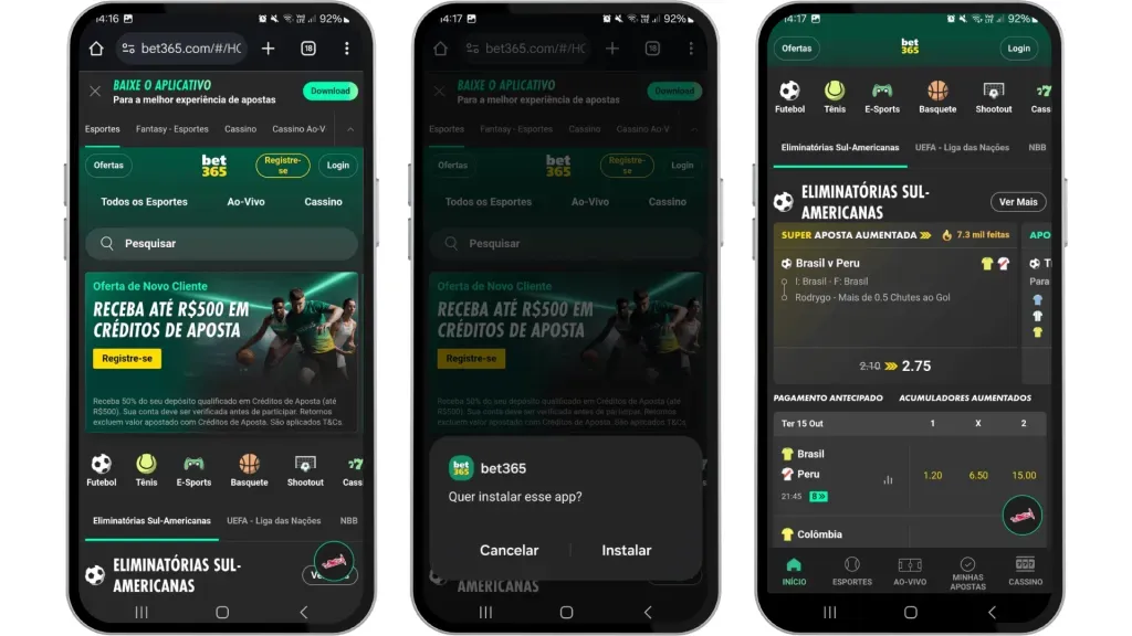 Três capturas de tela mostrando como baixar o app da bet365 no Android.