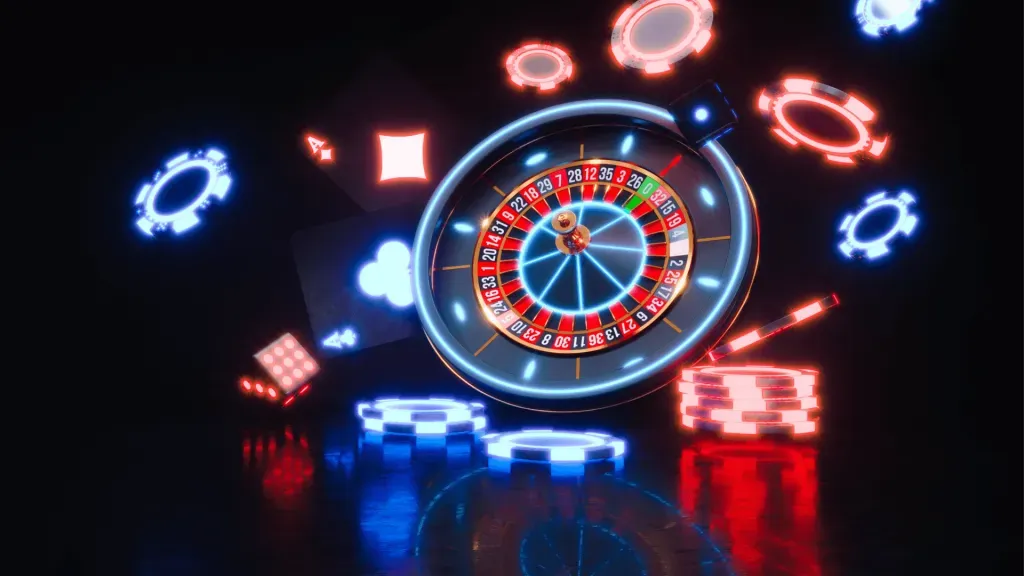 A imagem mostra uma roda de roleta cercada por fichas de cassino, um par de dados e cartas de baralho, iluminada em cores neon azul e vermelha; é usada para ilustrar como você tem acesso ao cassino ao vivo na bet365.