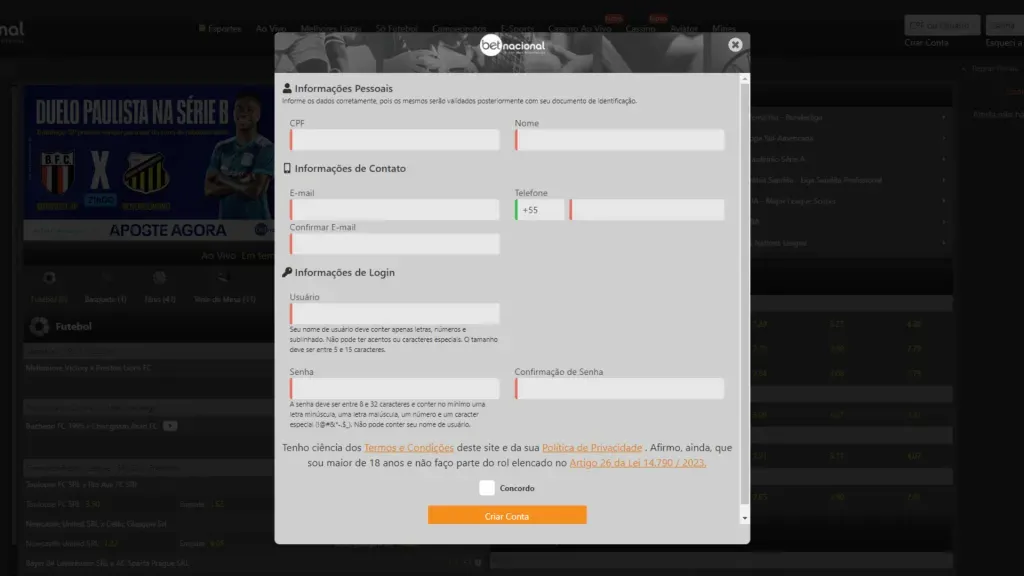 Captura de tela do formulário de cadastro da Betnacional que os jogadores têm que preencher para usar o código de afiliado Betnacional.