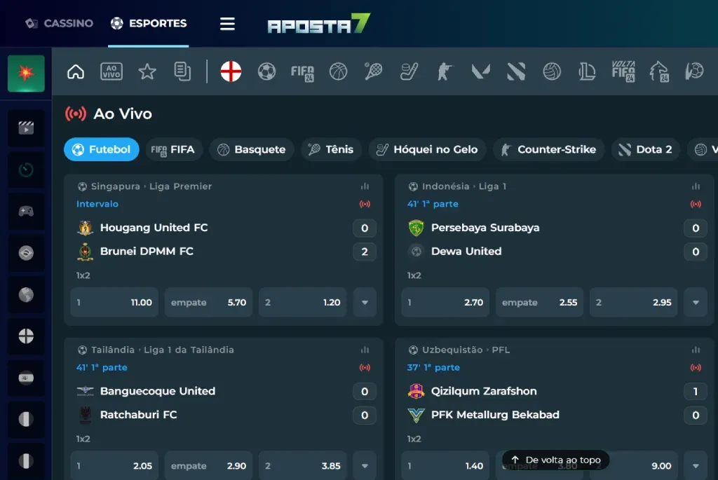 Captura de tela da aba de apostas ao vivo da Aposta7.