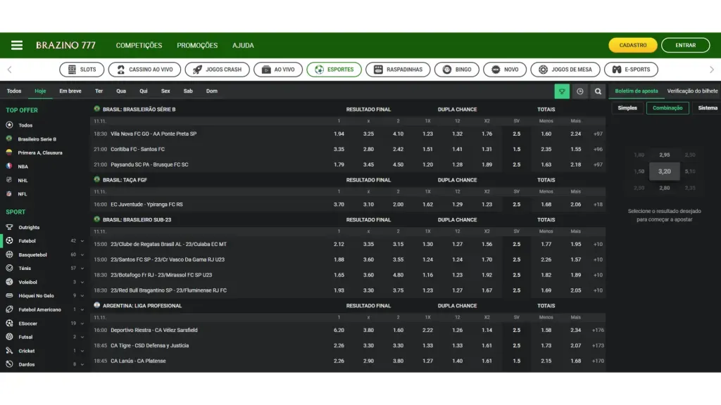 Captura de tela do site da Brazino777 na aba das apostas esportivas onde os jogadores podem usar o código promocional Brazino777.