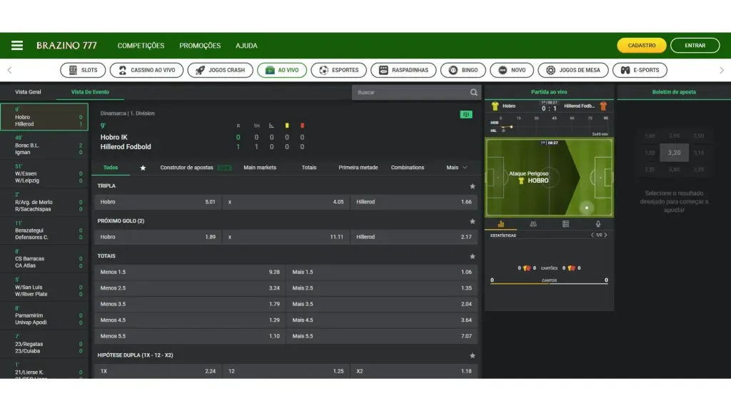 Captura de tela do site da Brazino777 na aba das apostas ao vivo.