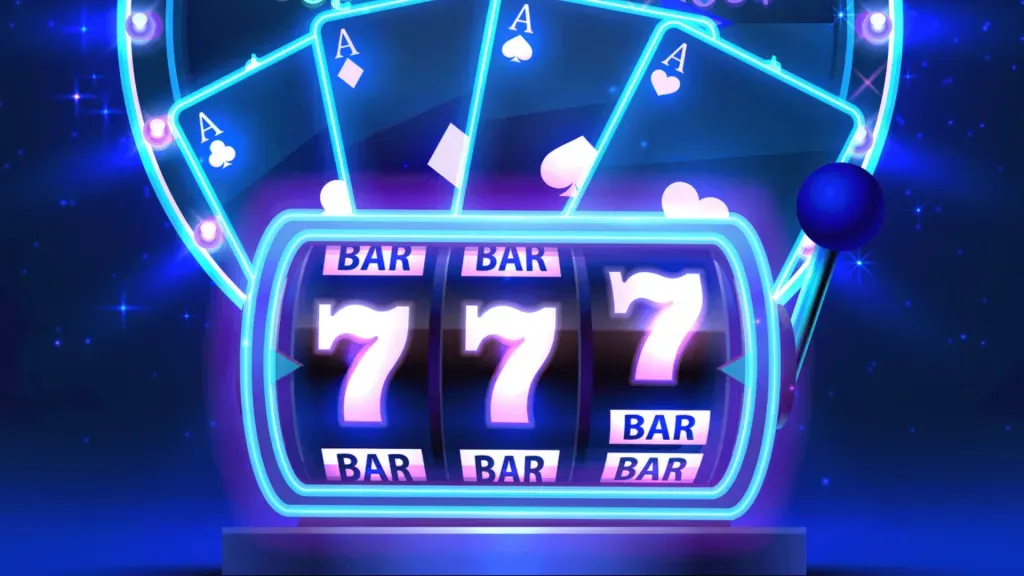 A imagem mostra uma tela de máquina caça-níqueis com um 777 no meio. Acima disso, vê-se quatro cartas de pôquer com a letra A. Tudo tem bordas com luzes de néon e a imagem está em cores azul e rosa.