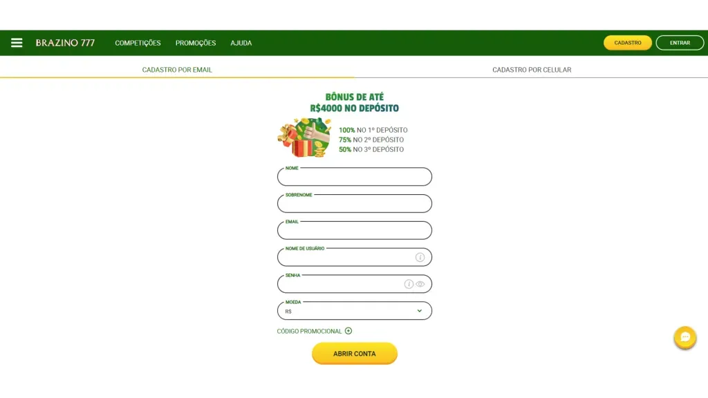 Captura de tela do formulário de cadastro no site da Brazino777 que é preciso preencher para ter acesso à oferta da Brazino777.