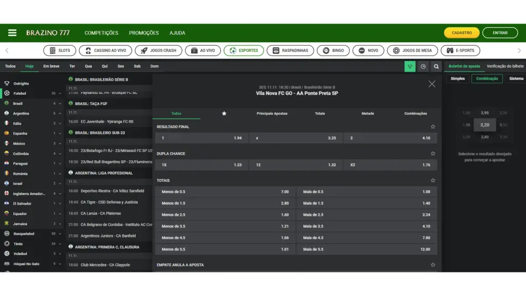 Captura de tela do site da Brazino777 na aba das apostas esportivas mostrando as odds de um partido de futebol.