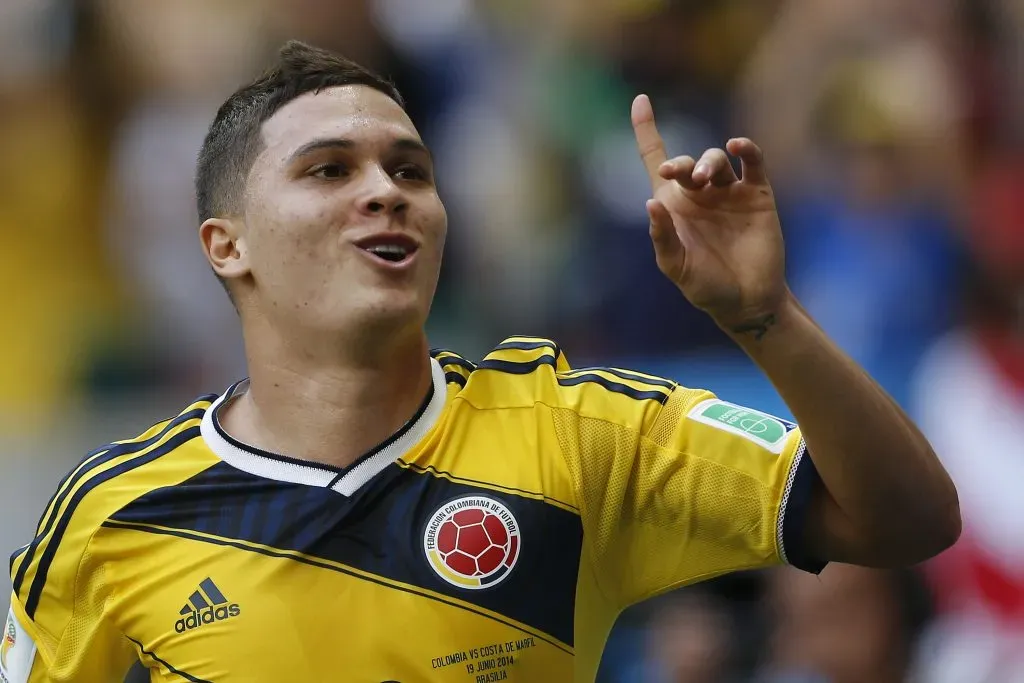 Quintero da Colombia comemora seu gol durante partida contra a Costa do Marfim no Estadio Nacional Mane Garrincha pela Copa do Mundo 2014. Foto: Wagner Meier/AGIF