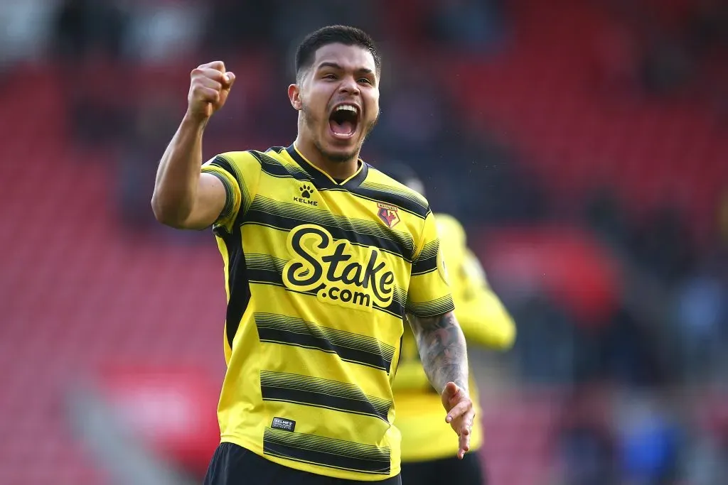 Cucho Hernandez of Watford FC reacts following their sides victory after the Premier League match between Southampton and Watford at St Mary’s Stadium on March 13, 2022 in Southampton, England. (Photo by Charlie Crowhurst/Getty Images)