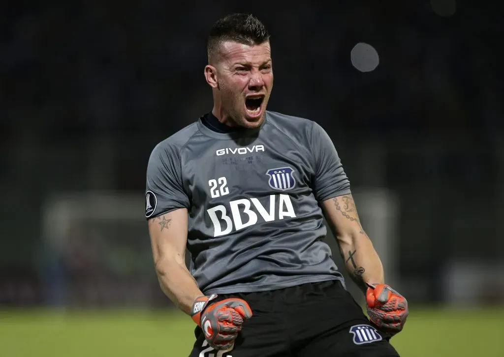 CORDOBA, ARGENTINA – FEBRUARY 06: Guido Herrera of Talleres celebrates after his teammate Tomas Pochettino (not in frame) scored the second goal of his team during a second stage first leg play-off match between Talleres and Sao Paulo as part of Copa CONMEBOL Libertadores 2019 at Mario Alberto Kempes Stadium on February 6, 2019 in Cordoba, Argentina. (Photo by Agustin Marcarian/Getty Images)