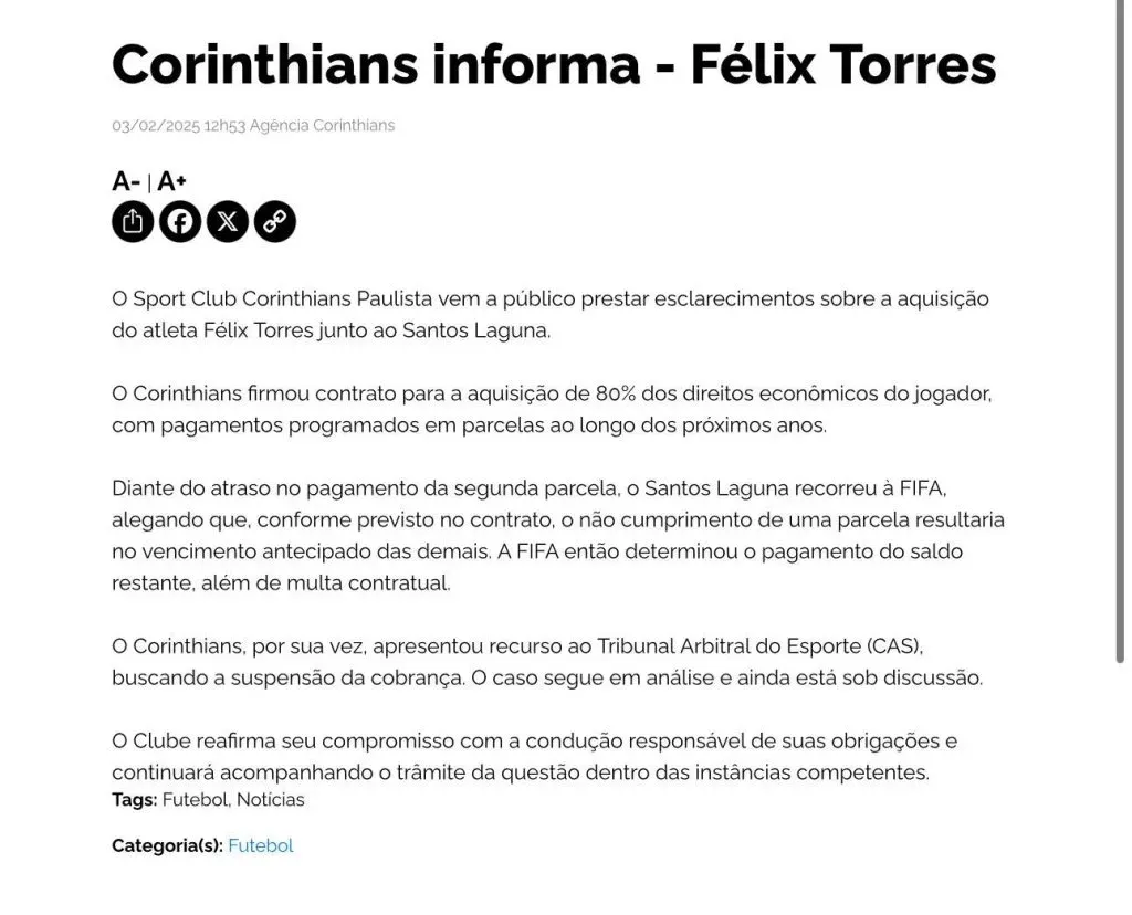 Alvinegro se pronunciou sobre Félix Torres – Foto: Reprodução/ site oficial SCCP