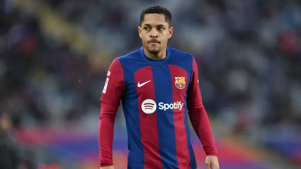 BARCELONA, SPAIN – FEBRUARY 24: Vitor Roque of FC Barcelona looks on during the LaLiga EA Sports match between FC Barcelona and Getafe CF at Estadi Olimpic Lluis Companys on February 24, 2024 in Barcelona, Spain. (Photo by David Ramos/Getty Images)