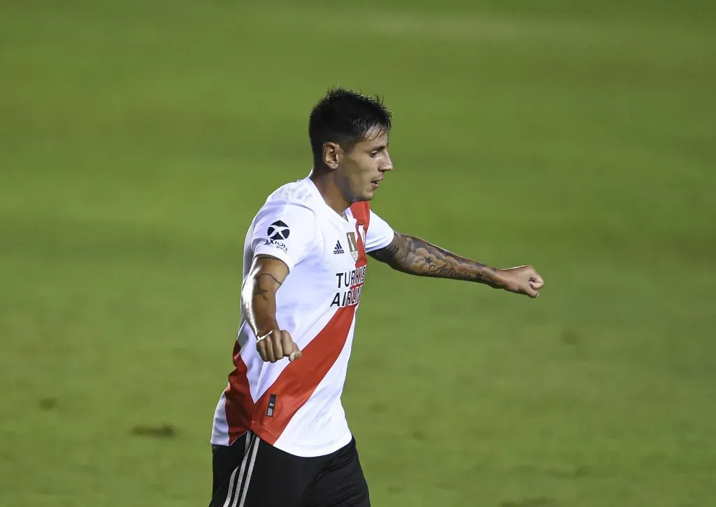 Fabrizio Angileri of River Plate celebrates after scoring the third goal of his team during a round of 64 match between River Plate and Defensores de Pronunciamiento as part of Copa Argentina 2021 at Florencio Sola Stadium on February 10, 2021 in Buenos Aires, Argentina. (Photo by Marcelo Endelli/Getty Images)