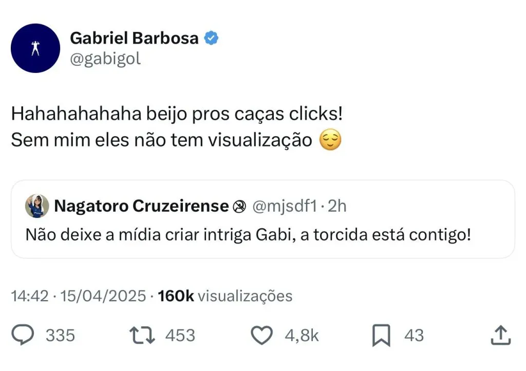 Gabigol rebateu as críticas – Foto: Reprodução X/ Gabriel Barbosa.
