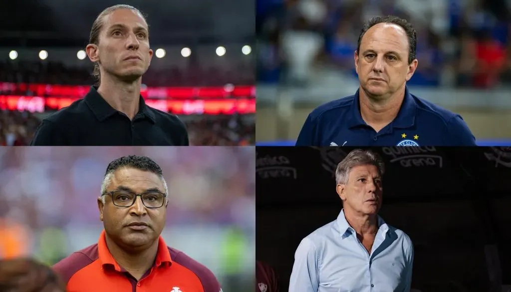 Filipe Luís, Rogério Ceni, Roger Machado e Renato Gaúcho estão na mira da Seleção (Imagem: Thiago Ribeiro/AGIF / Fernando Moreno/AGIF / Baggio Rodrigues/AGIF/ Fabio Giannelli/AGIF)