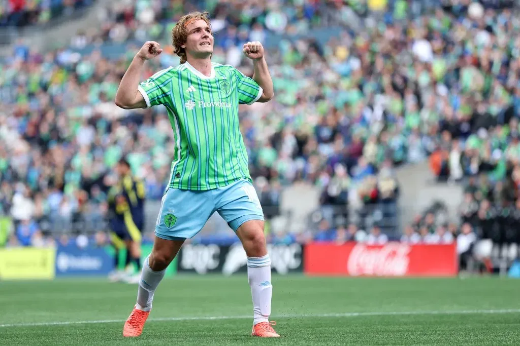 SEATTLE, WASHINGTON – APRIL 19: Pedro De La Vega #10 of Seattle Sounders celebrates his goal against the Nashville SC during the first half at Lumen Field on April 19, 2025 in Seattle, Washington. (Photo by Steph Chambers/Getty Images)