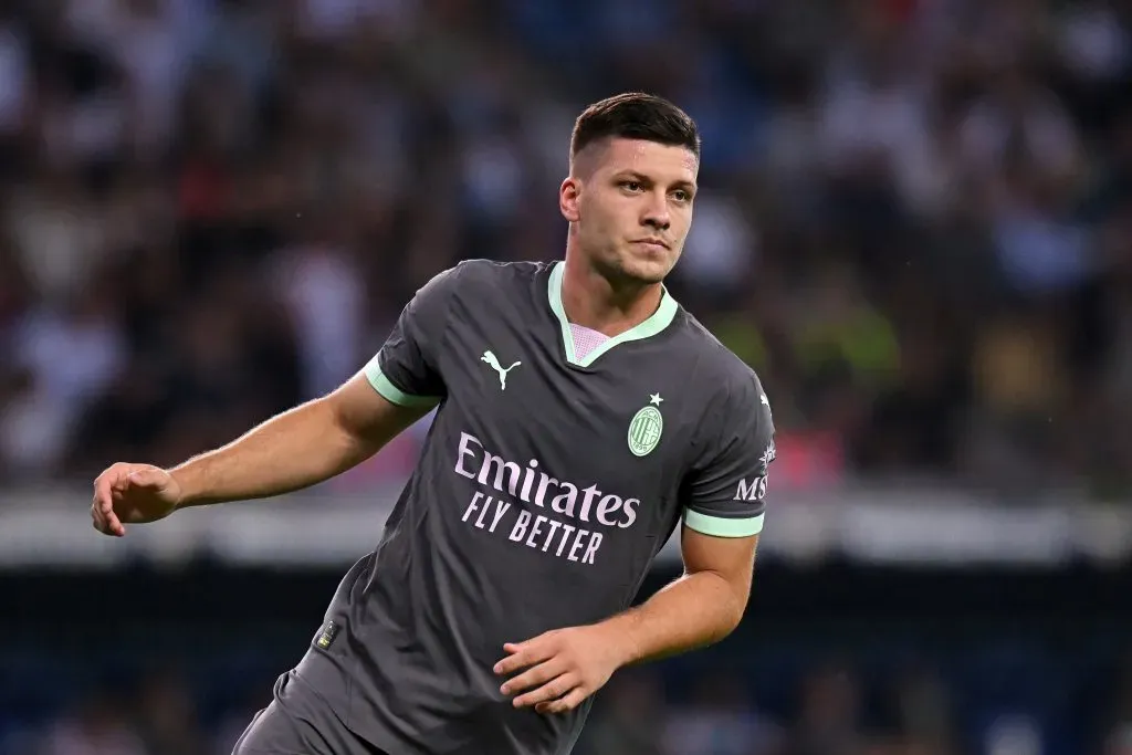 PARMA, ITALY – AUGUST 24: Luka Jovic of AC Milan looks on during the Serie A match between Parma and AC Milan at Stadio Ennio Tardini on August 24, 2024 in Parma, Italy. (Photo by Alessandro Sabattini/Getty Images)