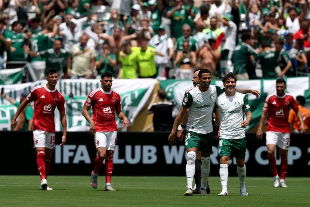 EAST RUTHERFORD, NEW JERSEY – JUNE 19: Murilo Cerqueira and Mauricio #18 of Palmeiras celebrate after Wessam Abou Ali #9 of Al Ahly FC (not pictured) scores a own goal and Palmeiras first during the FIFA Club World Cup 2025 group A match between SE Palmeiras and Al Ahly SC at MetLife Stadium on June 19, 2025 in East Rutherford, New Jersey. (Photo by Al Bello/Getty Images)