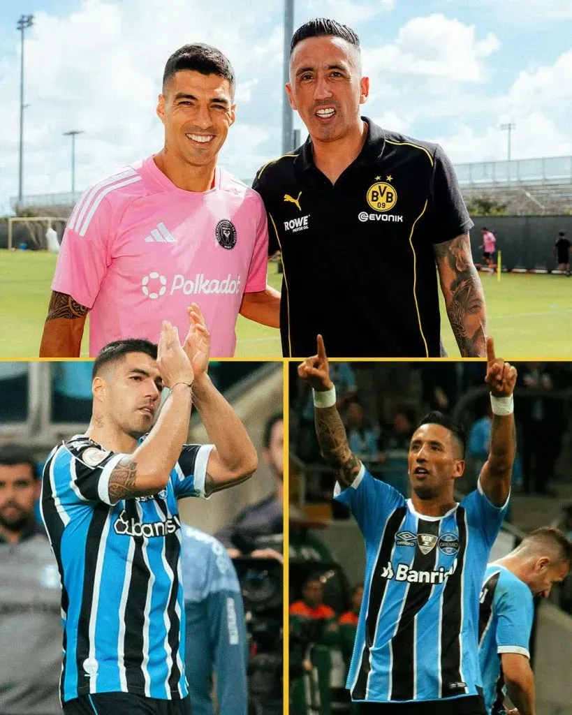 Luis Suárez e Lucas Barrios atualmente e nos tempos de Grêmio. Foto: Divulgação / Borussia Dortmund