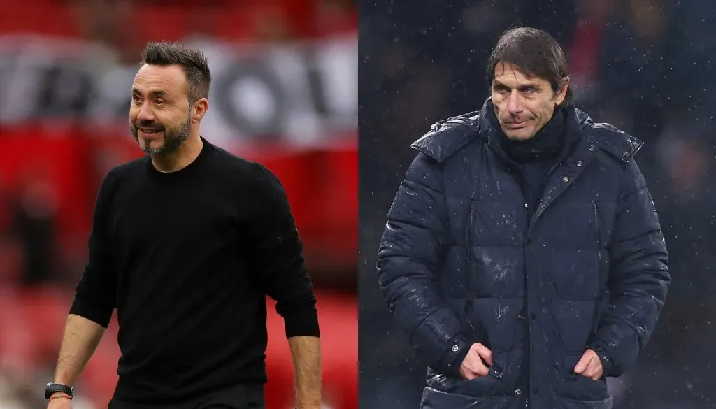 De Zerbi, técnico do Olympique, e Antonio Conte, do Napoli ( Photo by Lewis Storey/Getty Images/ Photo by Clive Rose/Getty Images)