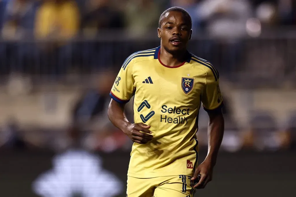 CHESTER, PENNSYLVANIA – APRIL 27: Carlos Andrés Gómez #11 of Real Salt Lake reacts after scoring during the first half against Philadelphia Union at Subaru Park on April 27, 2024 in Chester, Pennsylvania. (Photo by Tim Nwachukwu/Getty Images)
