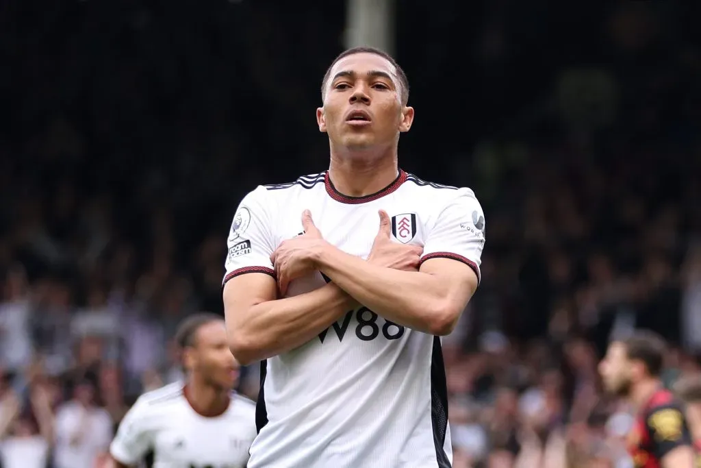 LONDON, ENGLAND – APRIL 30: Carlos Vinicius of Fulham celebrates after scoring the team’s first goal during the Premier League match between Fulham FC and Manchester City at Craven Cottage on April 30, 2023 in London, England. (Photo by Richard Heathcote/Getty Images)