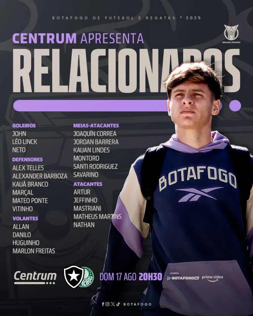 Relacionados Botafogo para Botafogo x Palmeiras no Brasileirão: Foto: Instagram Botafogo