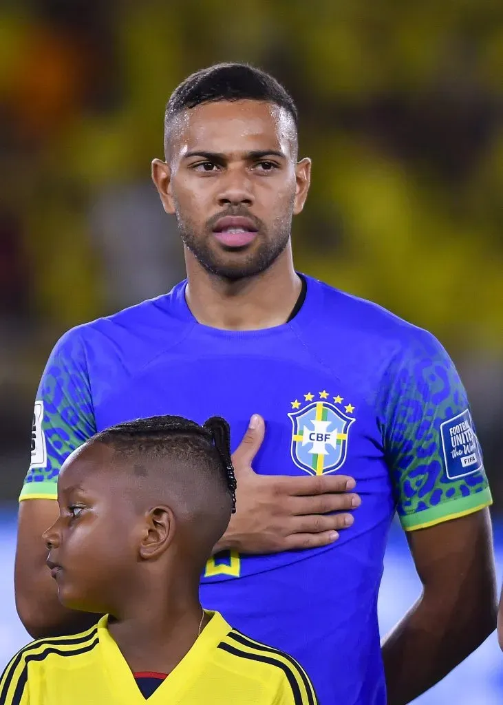 BARRANQUILLA, COLOMBIA – NOVEMBER 16: Renan Lodi of Brazil sings the national anthem prior the FIFA World Cup 2026 Qualifier match between Colombia and Brazil at Estadio Metropolitano Roberto Meléndez on November 16, 2023 in Barranquilla, Colombia. (Photo by Gabriel Aponte/Getty Images)