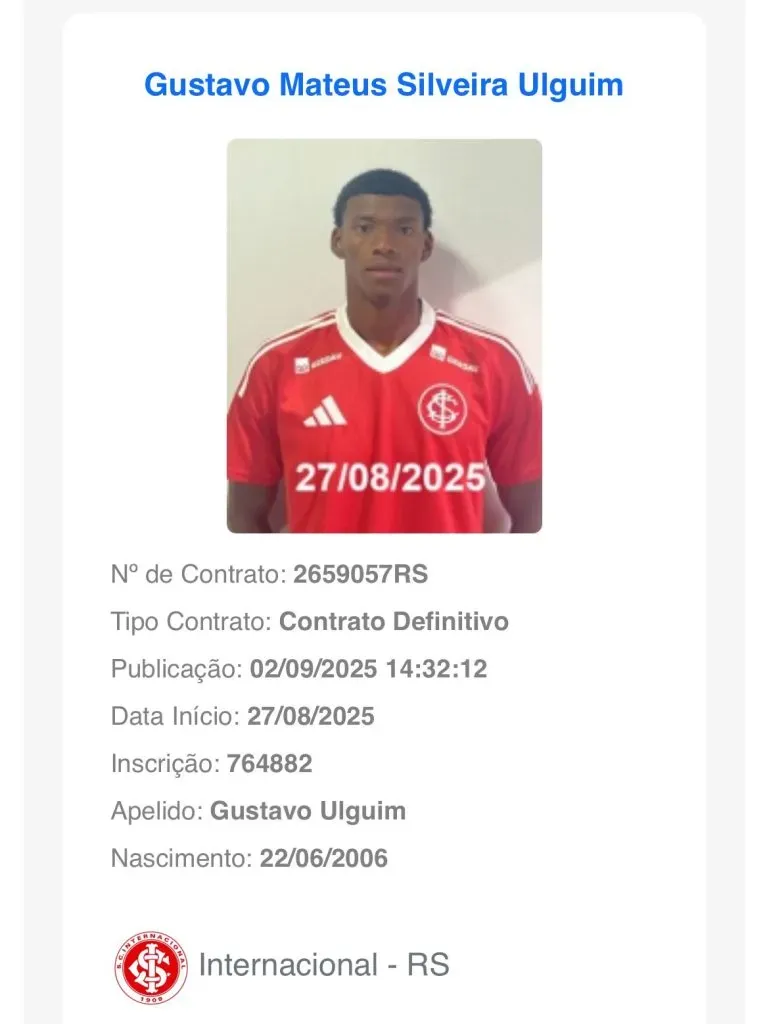 Nome de Gustavo Mateus já consta no BID da CBF. Foto: Reprodução