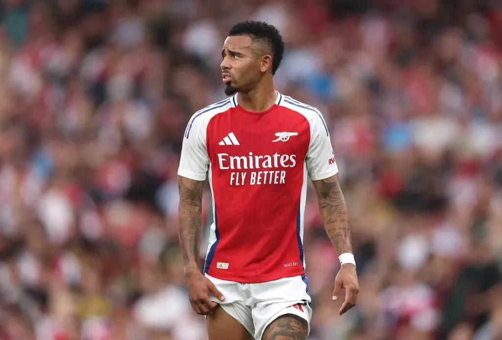 LONDON, ENGLAND – AUGUST 07: Gabriel Jesus of Arsenal looks on during the pre-season friendly match between Arsenal and Bayer 04 Leverkusen at Emirates Stadium on August 07, 2024 in London, England. (Photo by Warren Little/Getty Images)