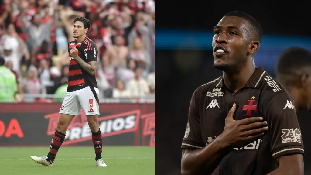 Pedro e Rayan comemoram gols pelos seus respectivos times. Fotos: Thiago Ribeiro | Jorge Rodrigues / AGIF