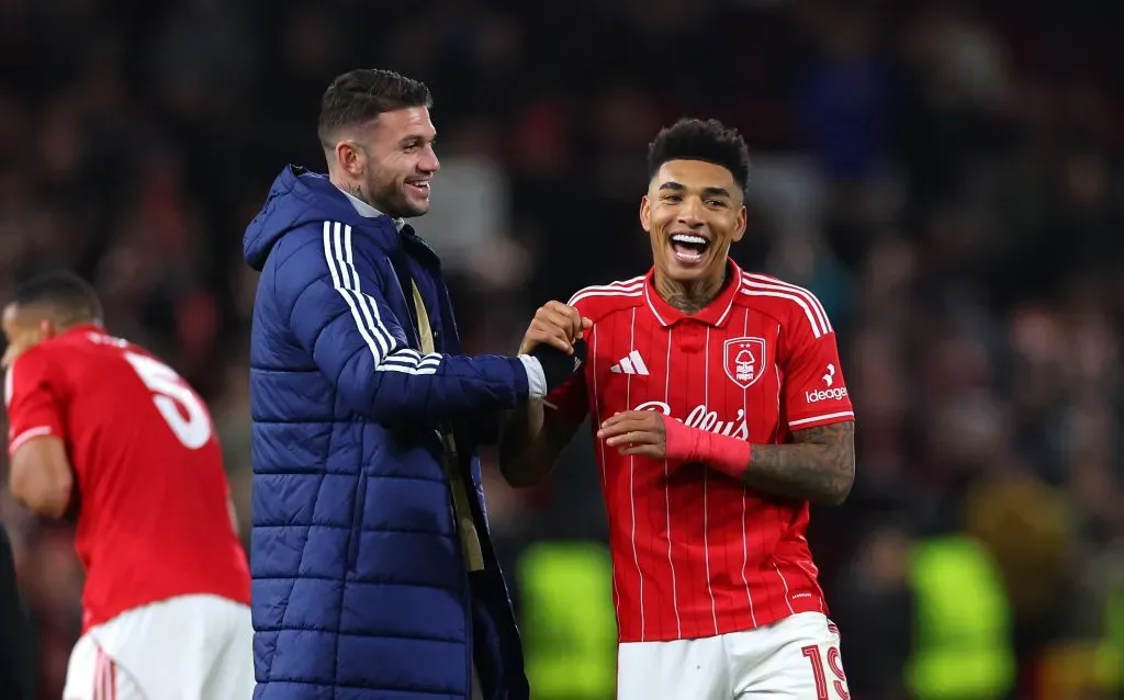 NOTTINGHAM, ENGLAND – OCTOBER 23: Morato and Igor Jesus of Nottingham Forest celebrate after the team’s victory during the UEFA Europa League 2025/26 League Phase MD3 match between Nottingham Forest FC and FC Porto at City Ground on October 23, 2025 in Nottingham, England. (Photo by Molly Darlington/Getty Images)