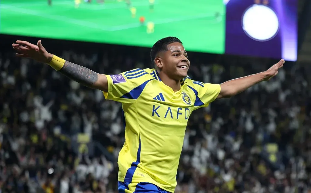 RIYADH, SAUDI ARABIA – DECEMBER 02: Wesley of Al-Nassr celebrates his team’s first goal, an own goal scored by Romain Saiss of Al-Sadd during the AFC Champions League Elite match between Al-Nassr and Al-Sadd at King Saud University Stadium on December 02, 2024 in Riyadh, Saudi Arabia. (Photo by Abdullah Ahmed/Getty Images)