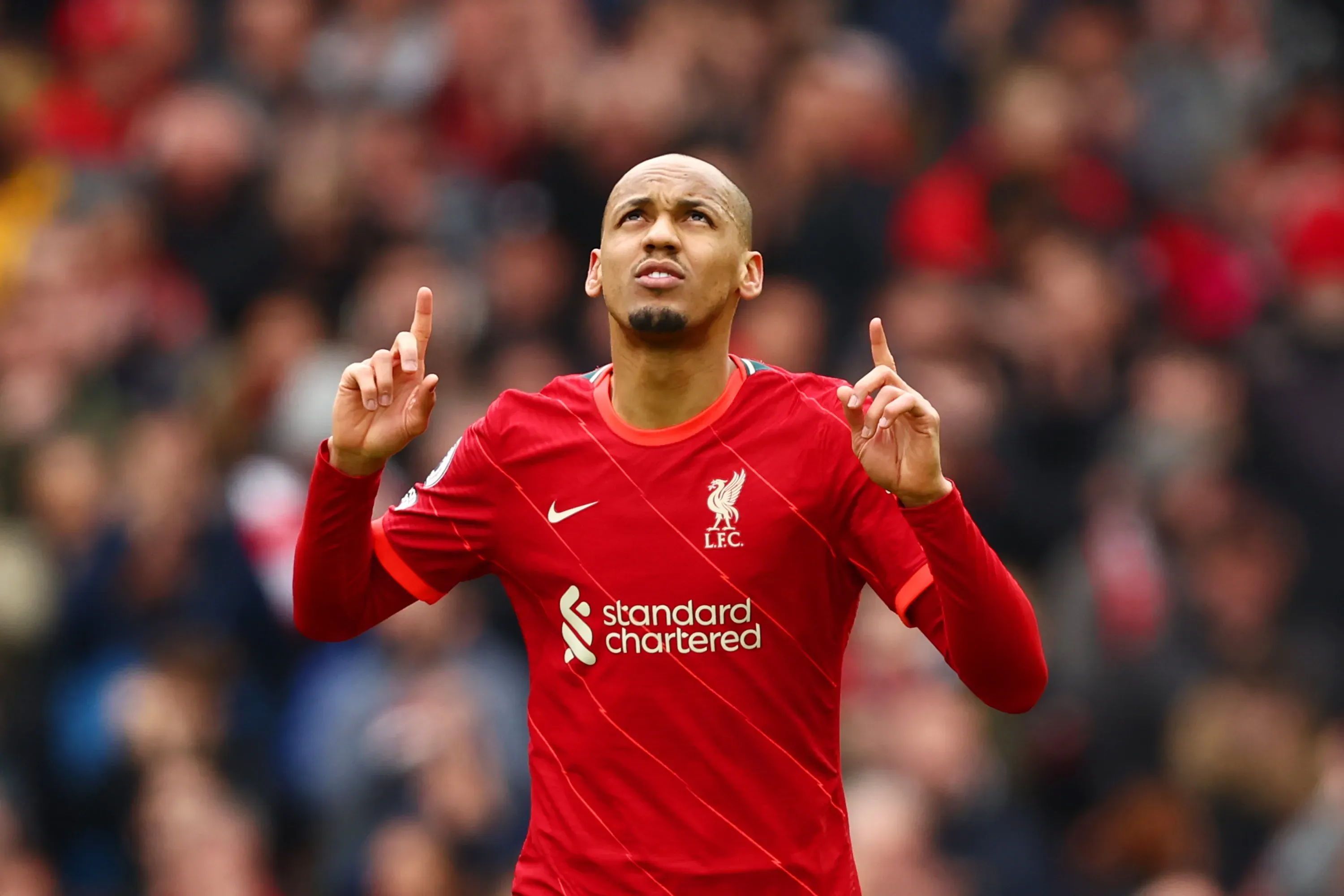 LIVERPOOL, ENGLAND – APRIL 02: Fabinho of Liverpool celebrates after scoring their team’s second goal from the penalty spo during the Premier League match between Liverpool and Watford at Anfield on April 02, 2022 in Liverpool, England. (Photo by Clive Brunskill/Getty Images)
